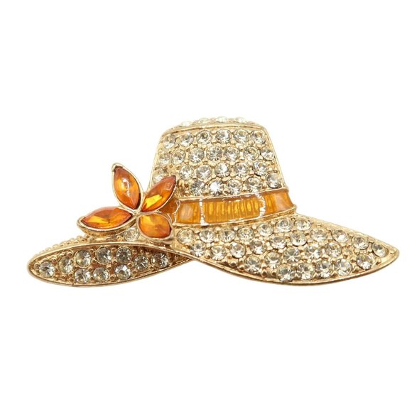 Monet Jewelry - Vintage MONET Gold Tone Sun Hat Brooch w/ Clear & Citrine Rhinestones Signed